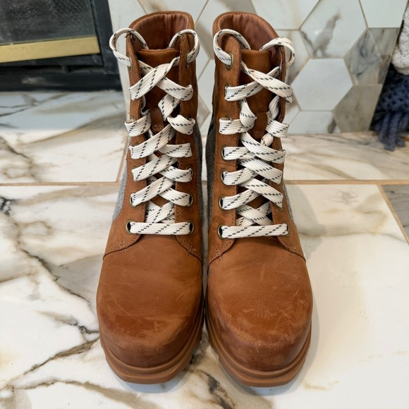 Sorel Lexie Wedge Boots Elk Quarry Leather Felt Lace Up Ankle Lug Sole Womens 9 - Picture 2 of 8